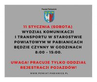 W sobotę, 11 stycznia  Wydział Rejestracji Pojazdów jest czynny