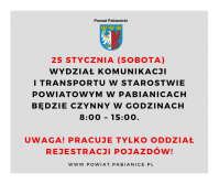 Kolejna sobota, 25 stycznia, gdzie Wydział Rejestracji Pojazdów jest czynny